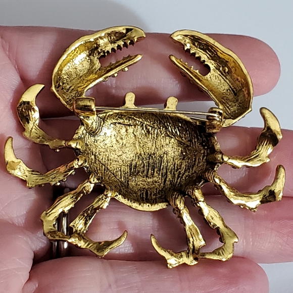 Blue Crab Brooch pin crystals stones gold vintage style AMAZING beach - Picture 8 of 8
